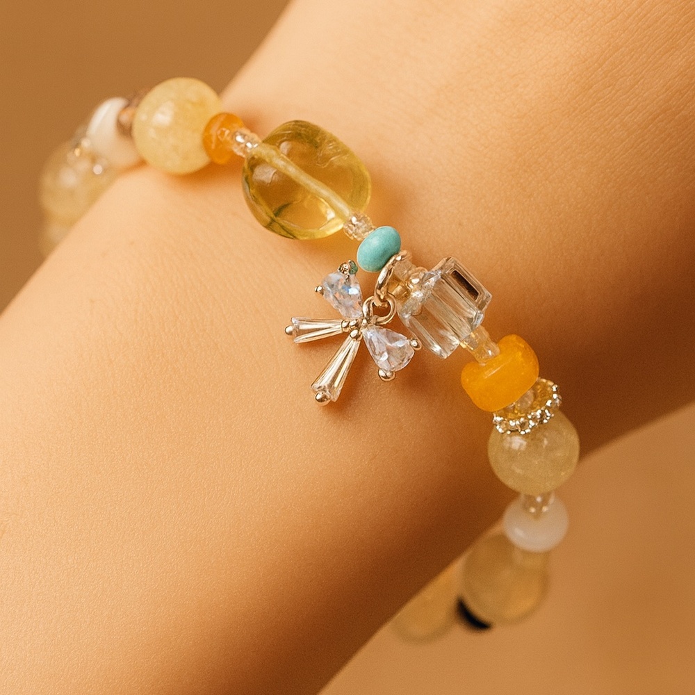 Pastel Gemstone Bracelet • Bow Charm • Crystal Beads • Cute Aesthetic Jewelry